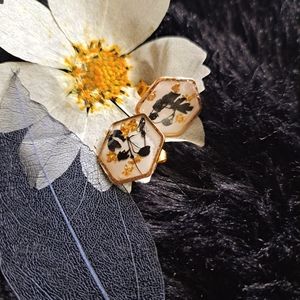 Earrings, 18k gp , black and white pressed flowers hand dipped in resin